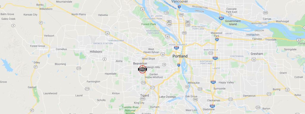 Steele Electric service area map showing Western Oregon, greater Portland metropolitan geography.